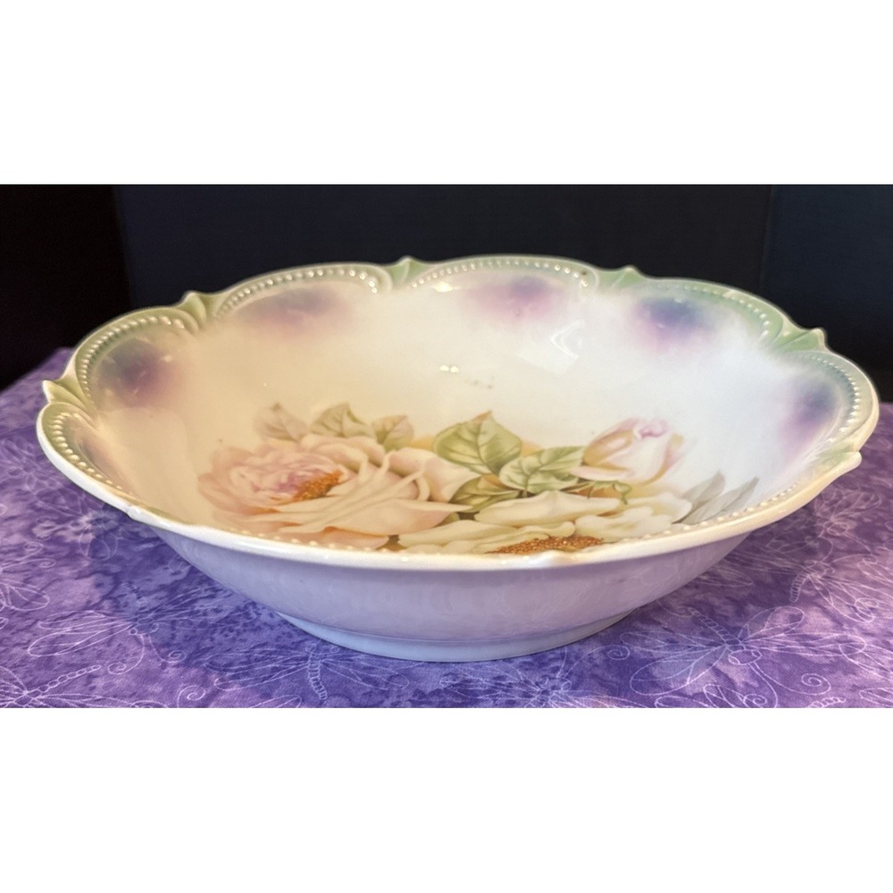 P.K.‎ Silesia Porcelain Colorful Floral Roses Serving Bowl Lusterware Vintage 9"